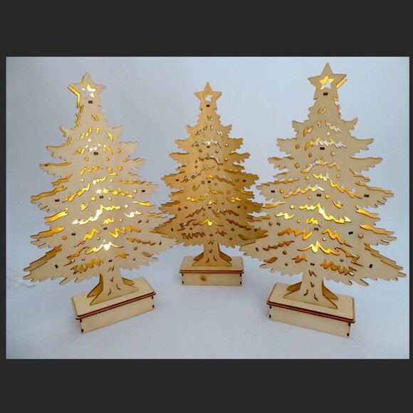 NEW 15” CHRISTMAS WINTER TREE LED LIGHT UP LASER CUT WOOD TREE LOT OF 3 - Picture 1 of 8